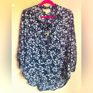 Michael Lots Kors Navy White Tropical Hibiscus Floral 1/2 Zip Blouse M